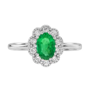Emerald and Diamond Antique Style Halo Engagement Ring